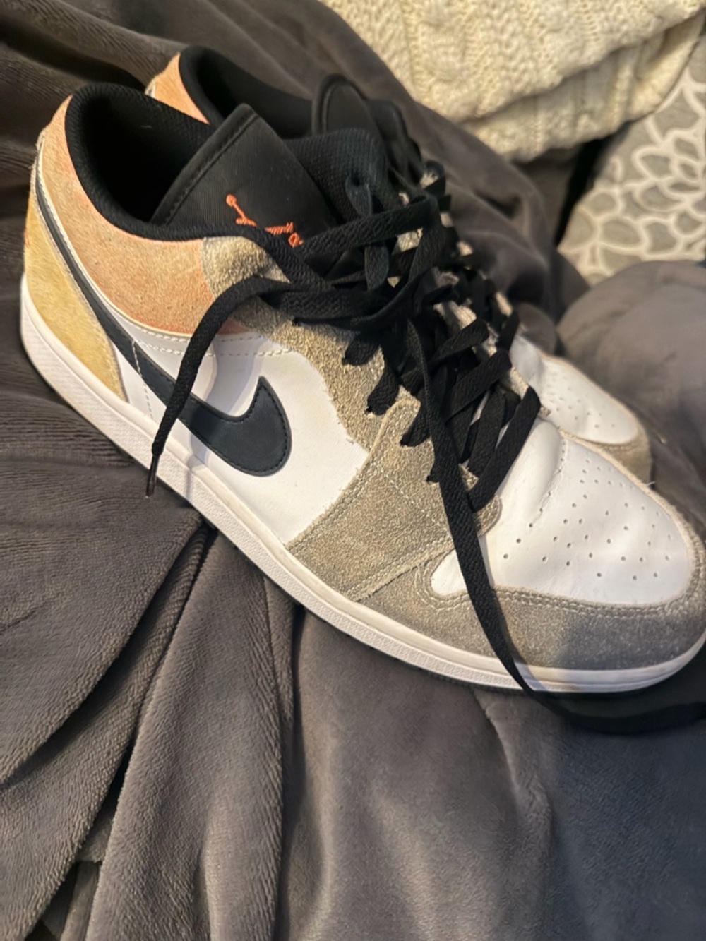 Nike Men’s Jordan Brand Ones Low-Top Suede and Leather Sneakers- White/Black/Tan